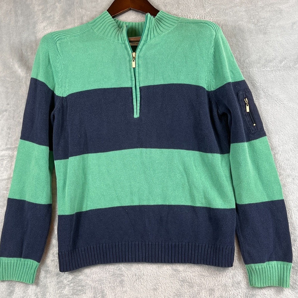 Liz & Co Womens L 1/4 Zip Stripe Sweater Green Navy 100% Cotton Rugby Preppy
